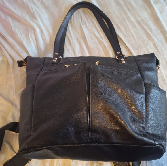 Mominside Black Leather Baby Diaper Bag Backpack, 14 Pockets & Changing Pad - Picture 8 of 16